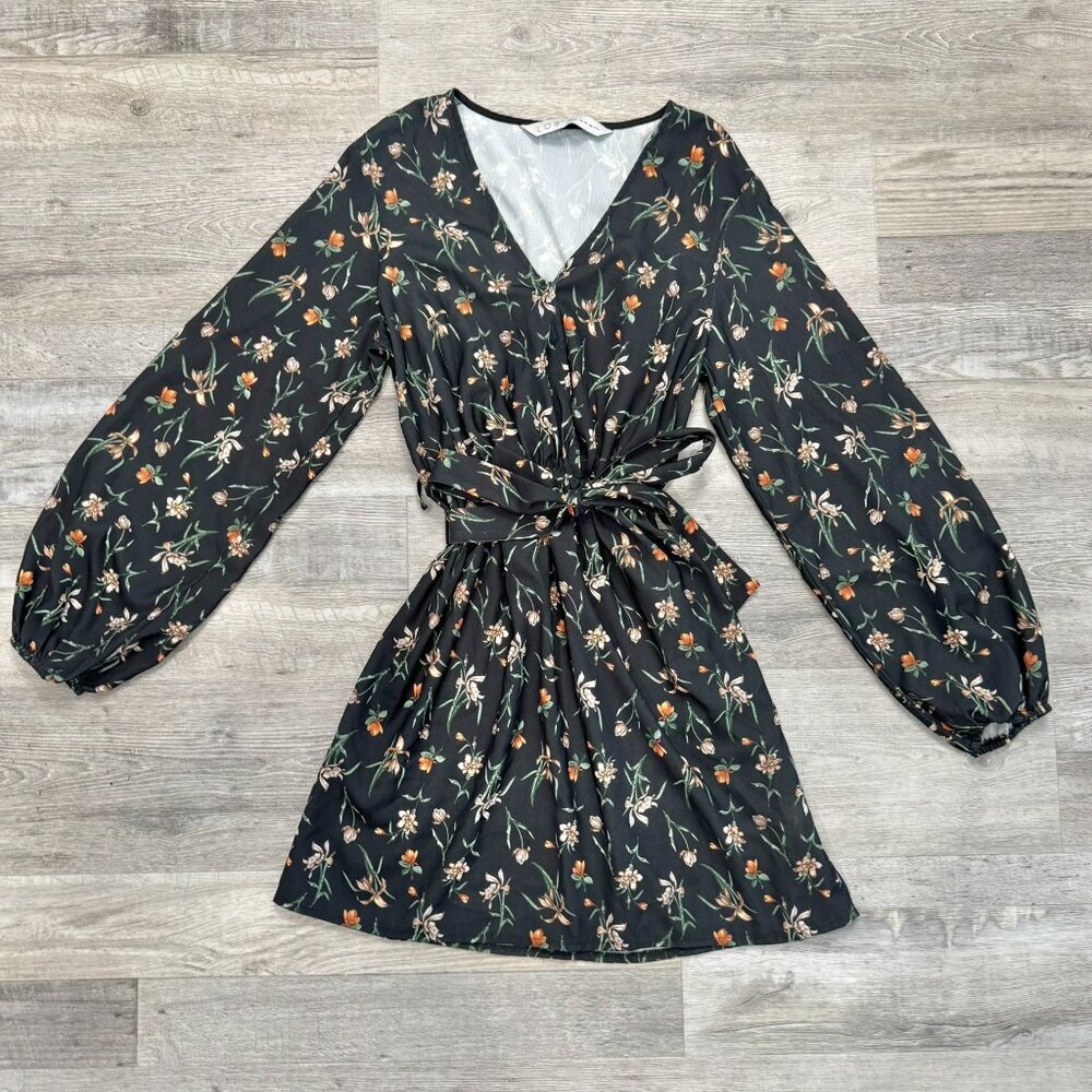 LOB Black Floral Lightweight Faux Wrap Dress Long Sleeve K22